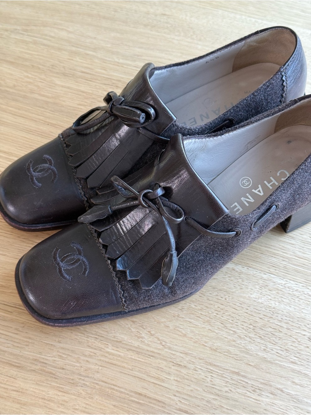 Chanel CC Fringe Loafers 36.5 / US 6.5 Brown Leather & Block Heel Made in Italy